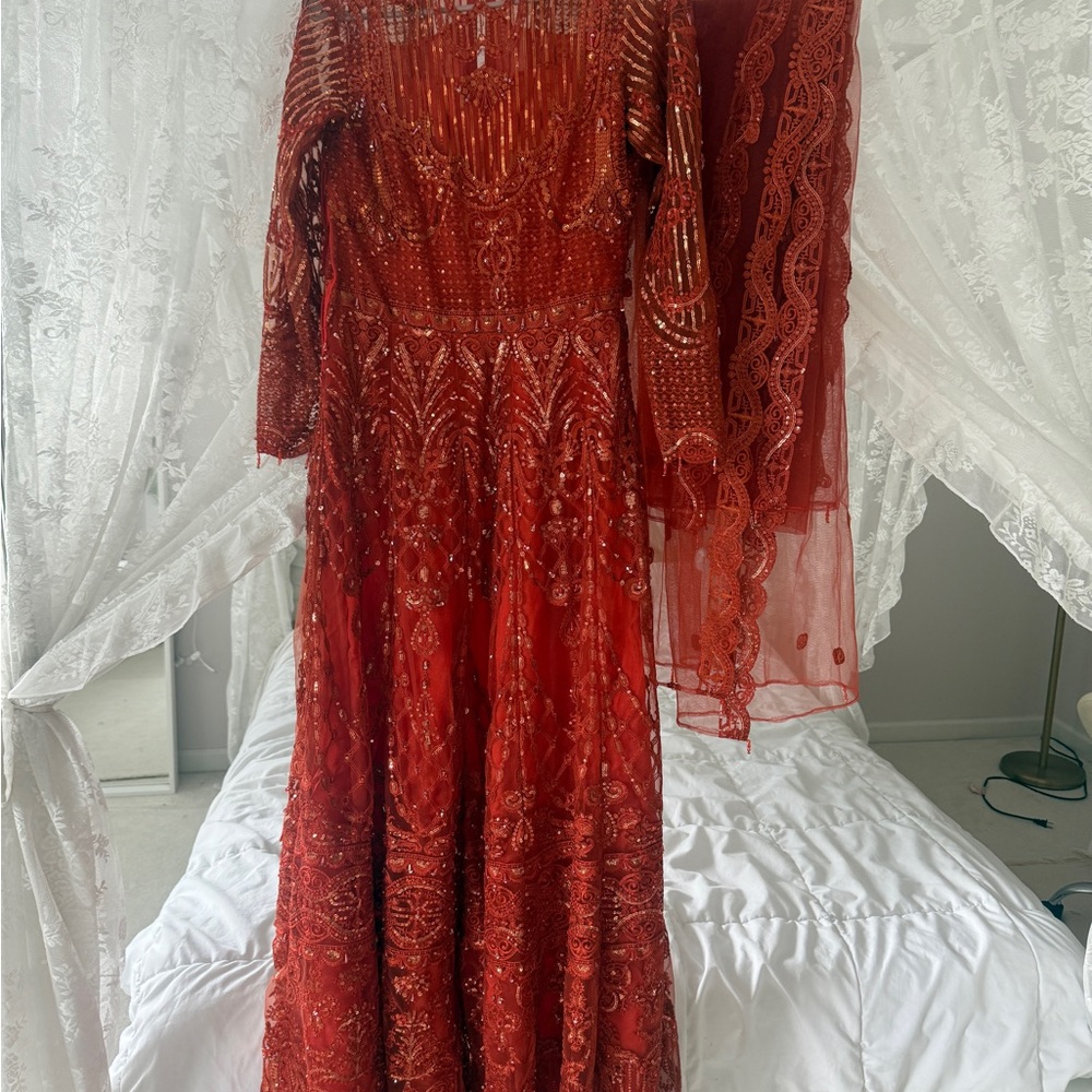 Elegant Burnt Orange Embellished Gown Pakistani